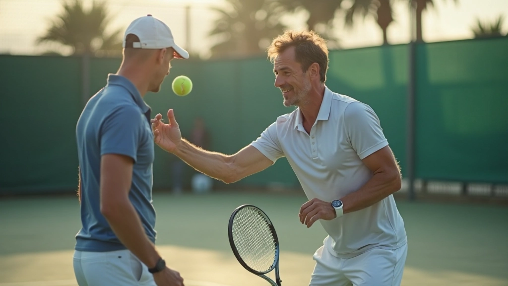 مدرب تنس محترف يعلم لاعب تقنيات الخدمة الصحيحة على ملعب التنس