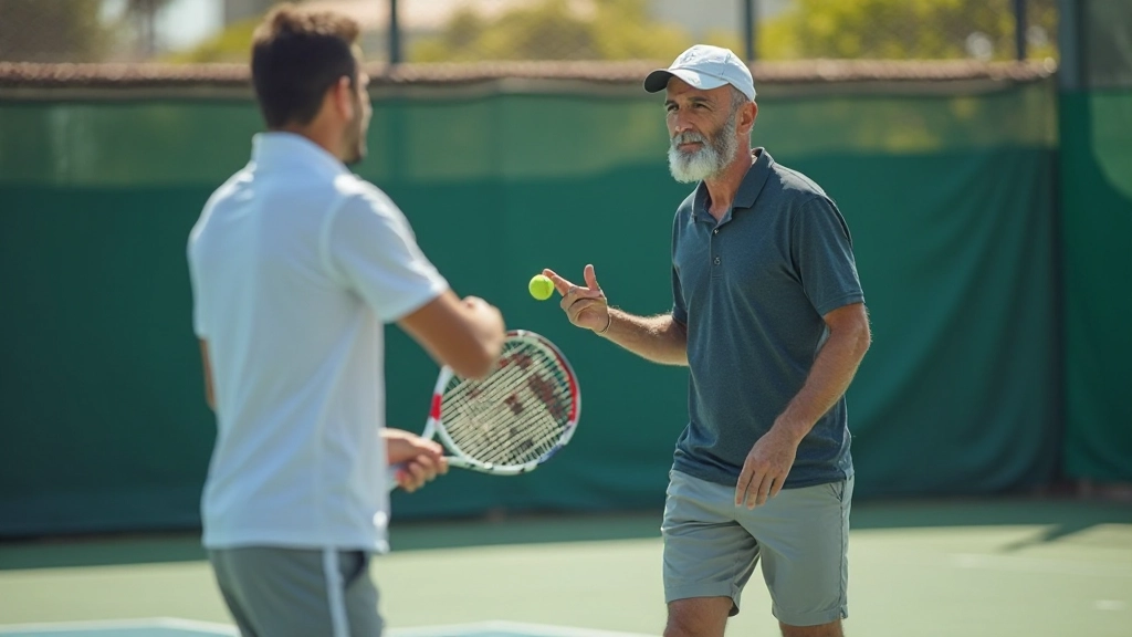 مدرب تنس محترف يعلم لاعب تقنيات الخدمة الصحيحة على ملعب التنس