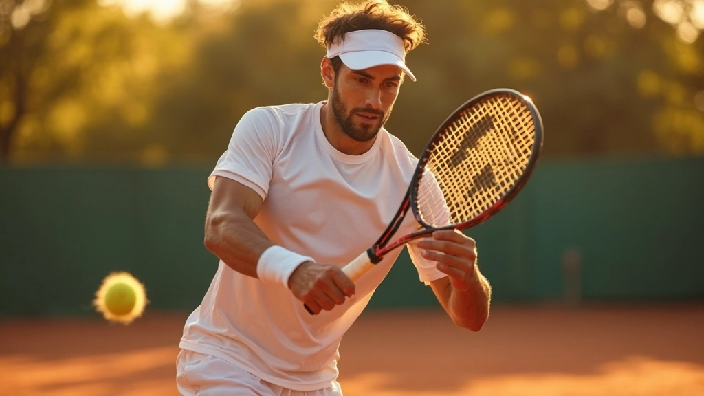 لاعب تنس احترافي يقوم بضربة قوية على ملعب التنس بالشمس