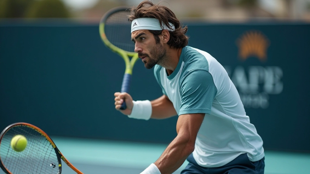 لاعب تنس احترافي يركز أثناء المباراة في ملعب مضاء بشكل احترافي